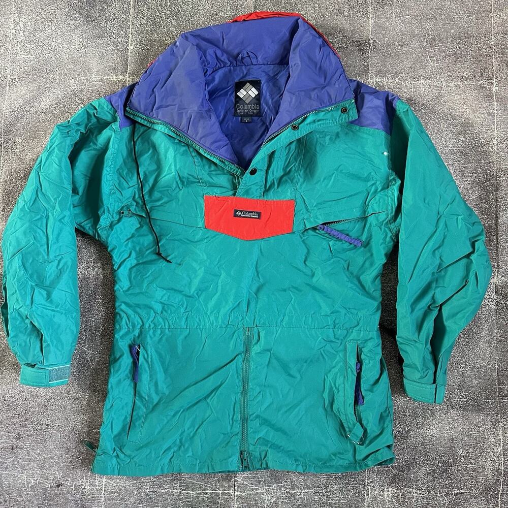 Men's Vintage 90's Columbia Teal Blue Purple Red Color Block Anorak Jacket Sz S